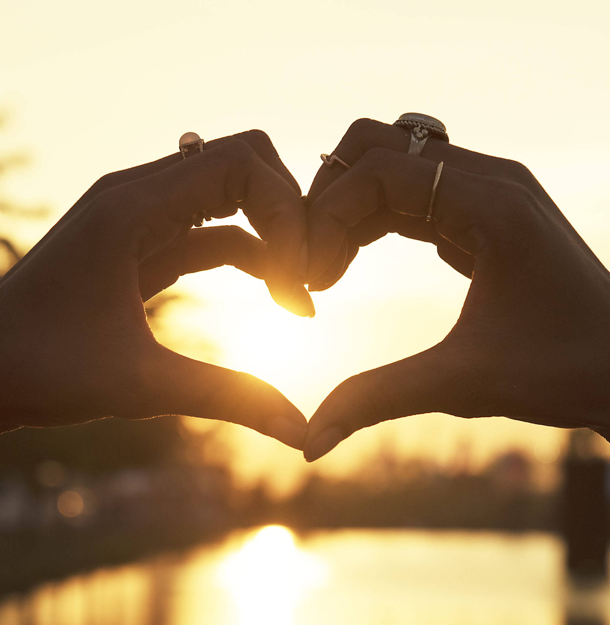 People Making Hands in Heart Shape Silhouette Sunset